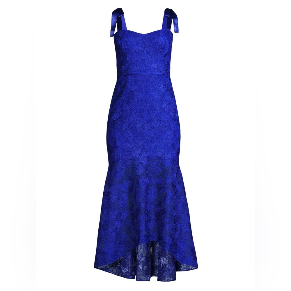 Aidan Mattox: Blue Lace High-low Midi-dress In Marina